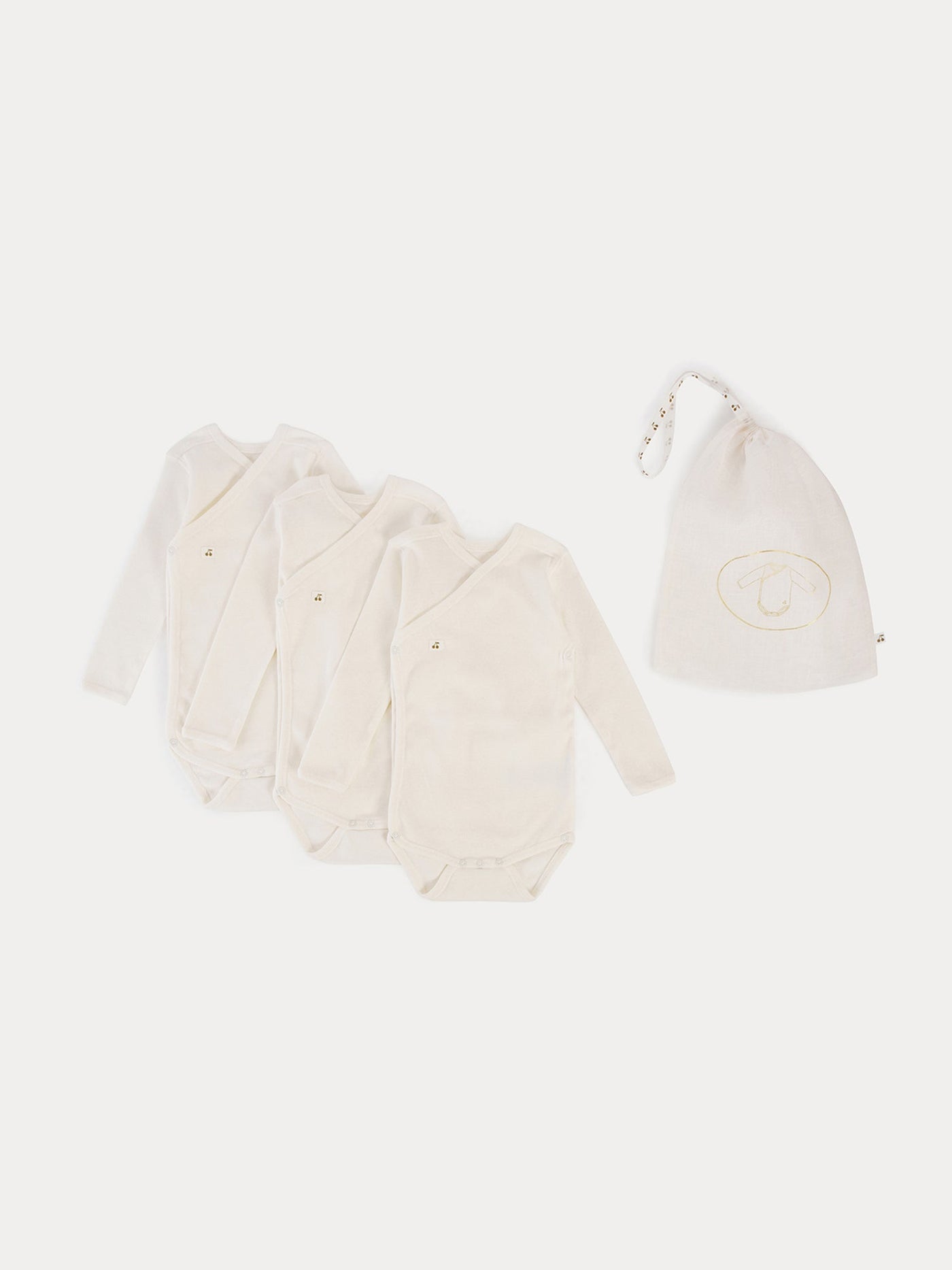 Set of 3 organic cotton wrapover bodysuits in milk-white