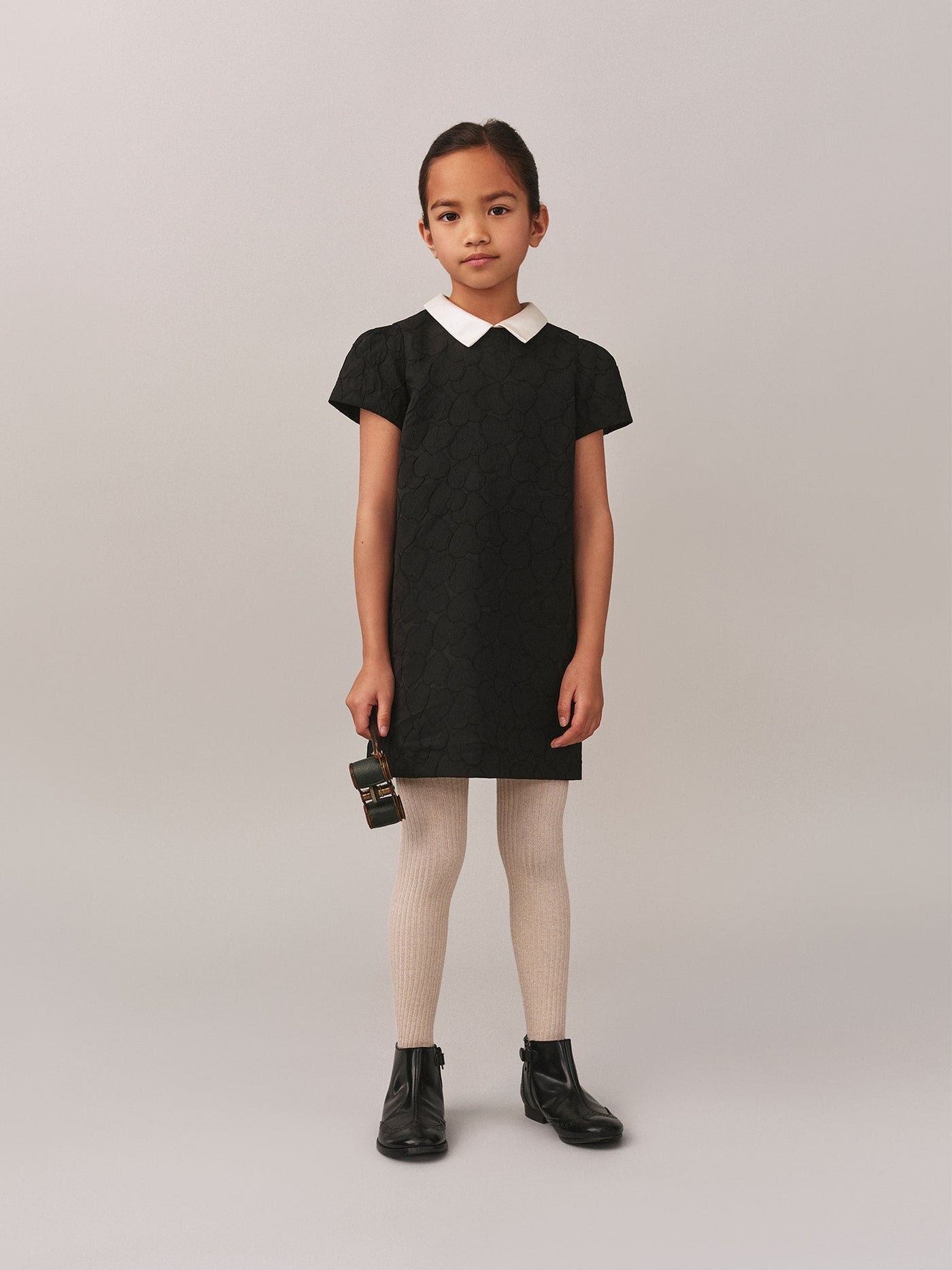 Jadey dress in heart-pattern jacquard with contrasting satin collar