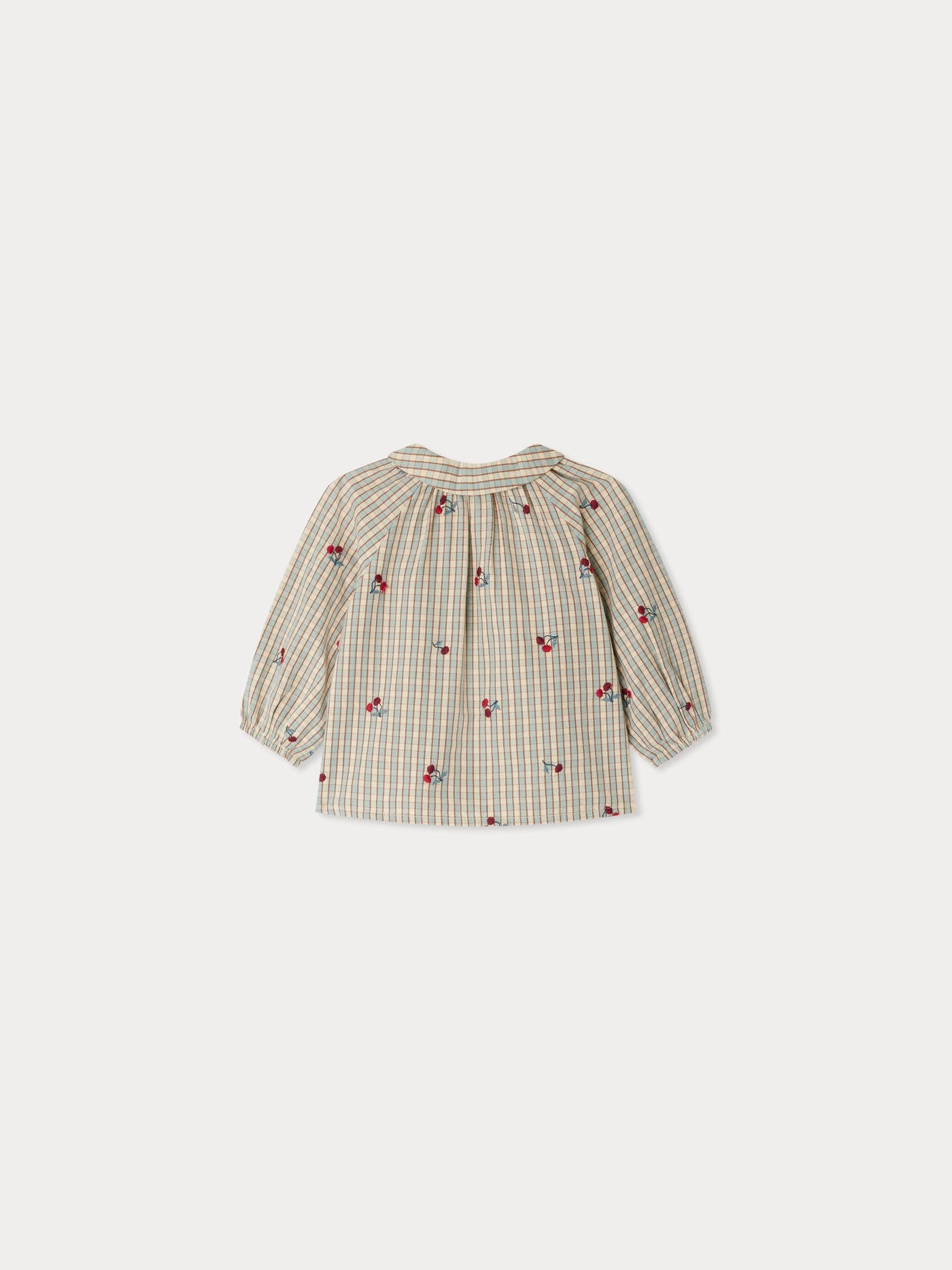 Domino plaid blouse embroidered with cherries in organic cotton