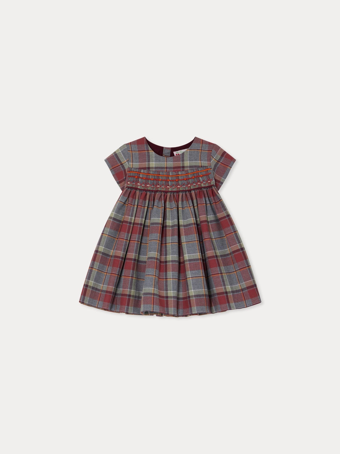 Maruska smocked and embroidered dress in burgundy checks