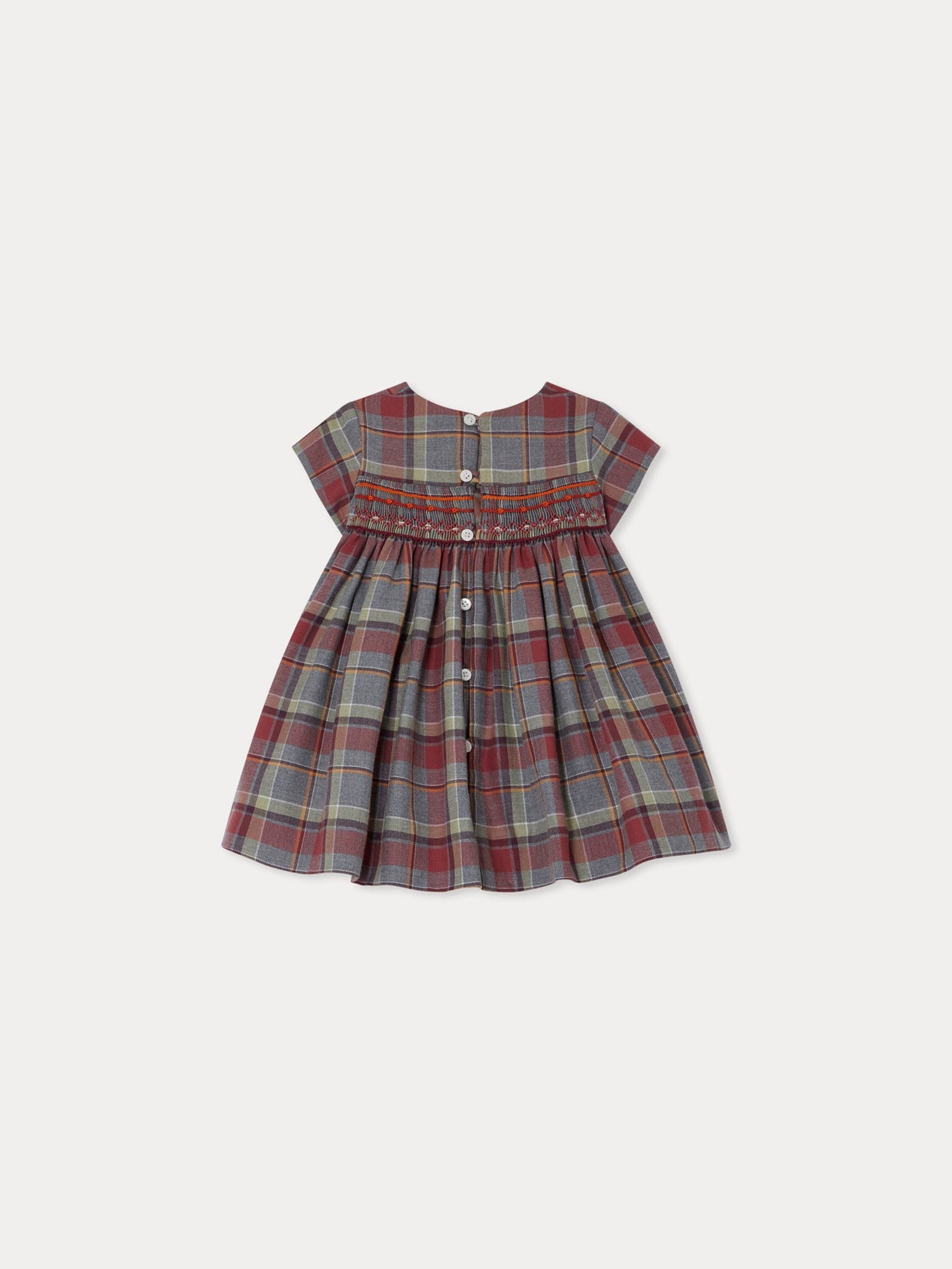 Maruska smocked and embroidered dress in burgundy checks