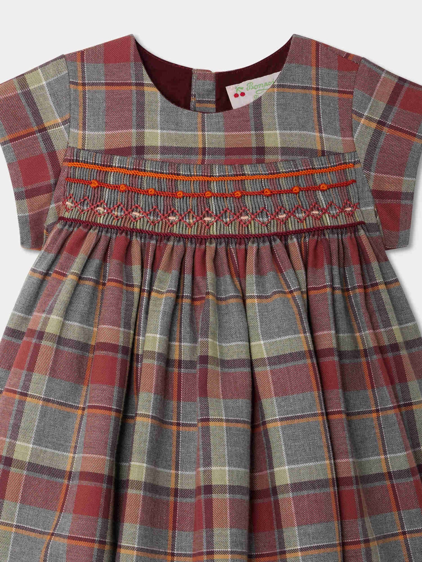 Maruska smocked and embroidered dress in burgundy checks