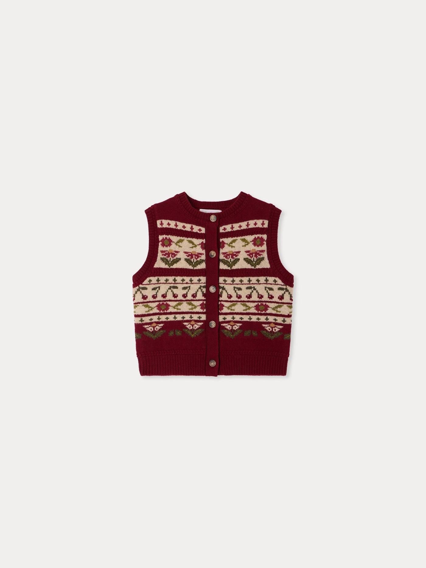 Cardigan Meriam sleeveless with cherry jacquard in wool
